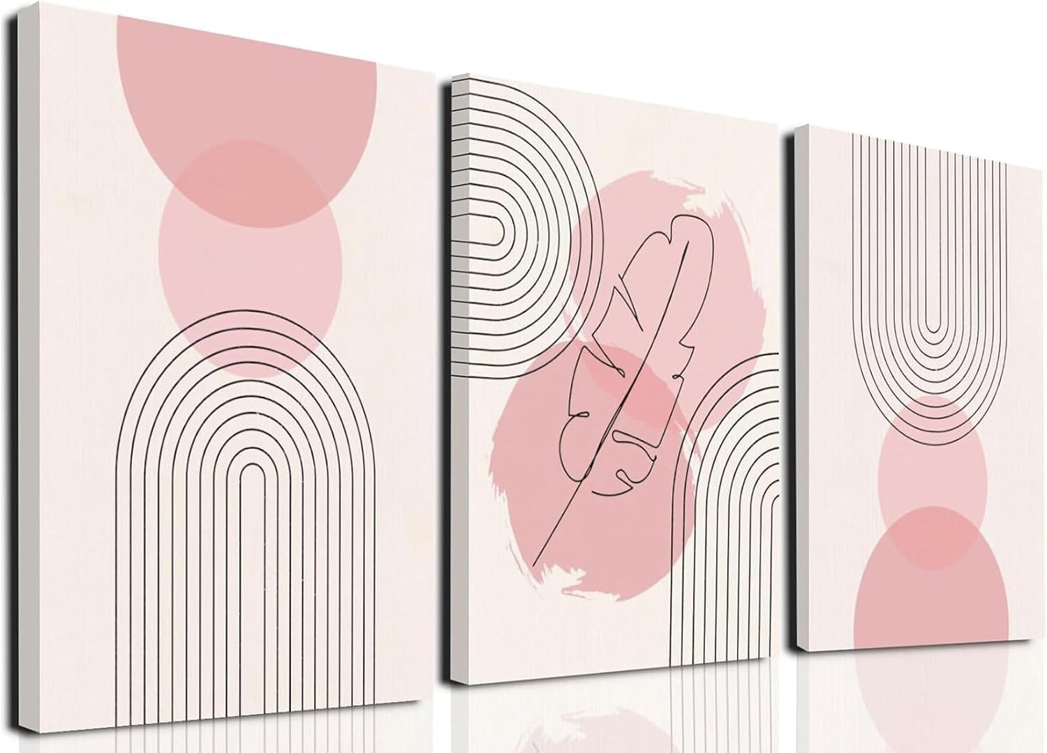 Fetyiu 3 Piece Boho Wall Art Pink Canvas Art Prints Mid-Century Modern Paintings Abstract Pictures Geometric Wall Decor Lines Artwork for Bedroom Office  Framed